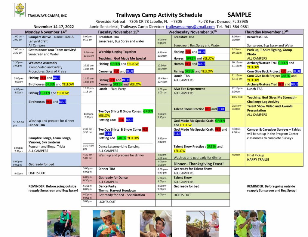 Activity Schedule Trailways Camps